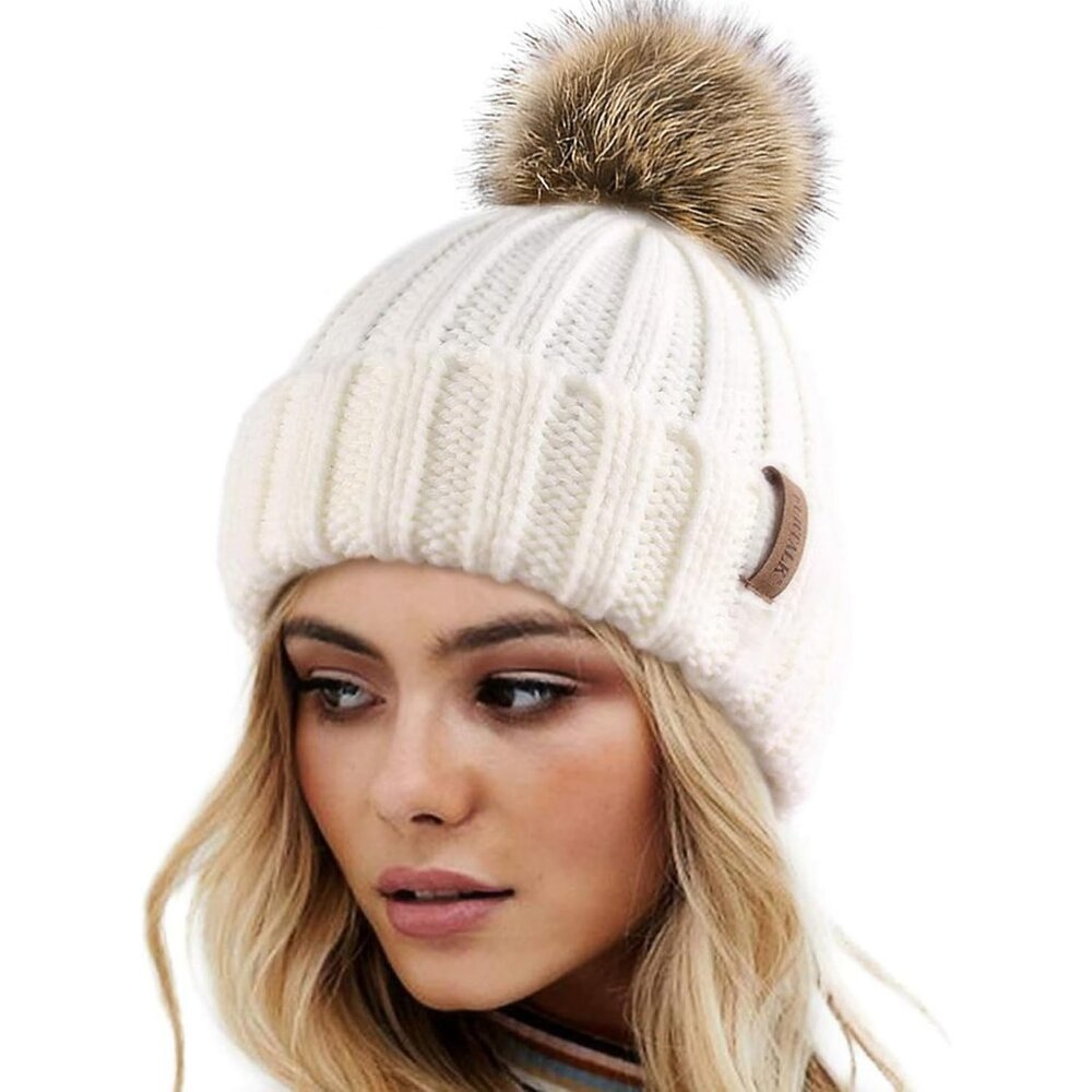 Women's White Winter Warm Knitted Beanie Faux Fur Pom Knit Skull Style Hat Cap